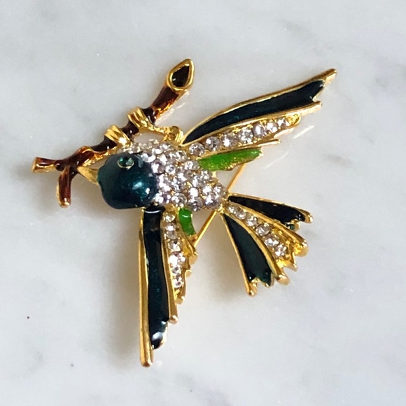 (NEW) Green Blue Brown Enamel Bird on Tree Branch Gold Brooch Pin Rhinestone - Picture 4 of 7